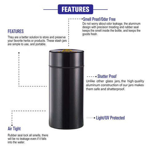 Gordon Smell Proof Airtight Aircraft Aluminum Storage Cigarette Jar, Black Stash Jars, 32 mm Size Smell Proof Container